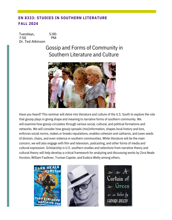 EN 8333 Studies in Southern Literature; Gossip and Forms of Community in Southern Literature and Culture